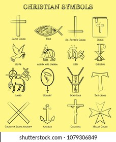 Christian symbols set with outline like a brushstrokes