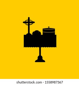 Christian symbols. A table with biblical symbols of the commandment of the sacrament - a cup of wine, bread and the cross of Jesus Christ. Communion in the church.