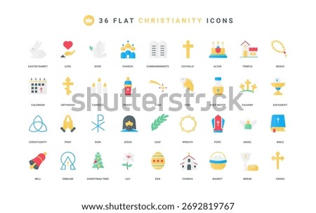 Christian temples and religious emblems, Priest and Pope, holy book Bible color icon set. Basket of Easter eggs and rabbit, bread and wine, tomb with cross and church flat elements vector illustration