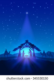 Christian theme, Christmas star on blue sky and birth of Jesus, illustration.