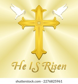 Christliches Thema mit Worten Ostern, Er ist aufgewachsen. Religion kreuzen goldene und weiße Tauben Element Vektordesign.