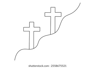 Christian three cross one line drawing of minimalist vector icon with black and white background