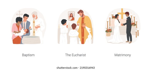 Christian Traditions Isolated Cartoon Vector Illustration Set. Priest Making Baptism Sacrament, Kid Going To Eucharist Holy Communion, Matrimony In Church, Catholic Wedding Ceremony Vector Cartoon.