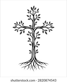 Christian Tree with Roots Silhouette Vector Illustration