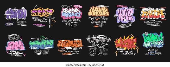 Christian T-shirt Design Bundle with Graffiti Style. Urban Graphic Set for Print. Oversized Tee Mockup, Street Art Apparel Design Collection. Inspirational Spiritual Quotes, Religion, Christianity.