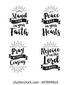 Christian Vector Biblical Emblem Set, Stand Firm in the Faith, Let Peace Rule in your Hearts, Pray without ceasing, Rejoice in the Lord, 4 designs in collection