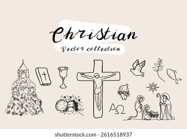 A Christian vector collection featuring sacred symbols, including a church, Bible, crucifix, dove, nativity scene, and other faith-inspired elements.