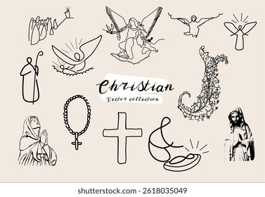 A Christian vector collection featuring sacred symbols, including a church, Bible, crucifix, dove, nativity scene, and other faith-inspired elements.
