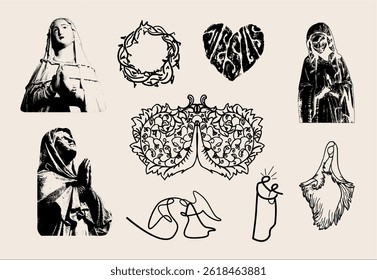 Uma coleção de vetores cristãos com símbolos sagrados, incluindo uma igreja, Bíblia, crucifixo, pomba, cena nativa e outros elementos inspirados na fé.