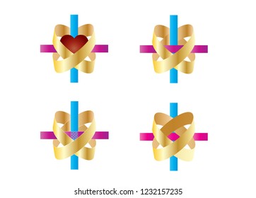 Christian wedding, sacrament of matrimony symbol. Modern cross with rings in the shape of a heart, set of elements