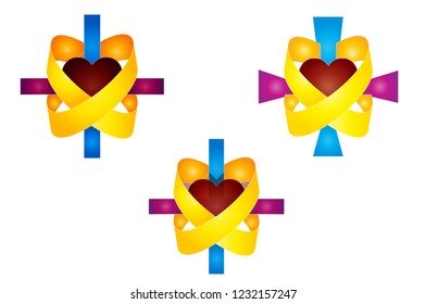 Christian wedding, sacrament of matrimony symbol. Modern cross with rings in the shape of a heart, set of elements