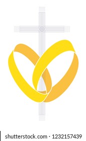 Christian wedding, sacrament of matrimony symbol. Modern cross with rings in the shape of a heart.