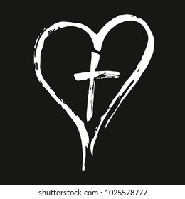 Christian white cross and heart drawn by brush, isolated symbols on a black background.