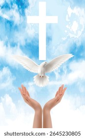 Christian white cross in the sky, a dove symbol of the spirit and hands receiving a dove on a blue background of sky and clouds.Isolated, close-up