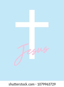 christian white cross with word Jesus on blue background