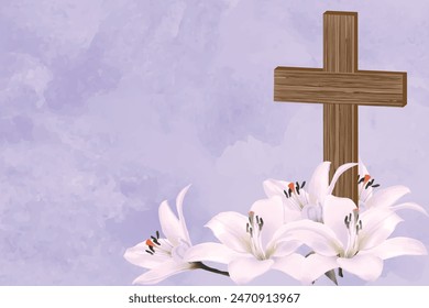 Christian wood cross and white lilies on a purple background