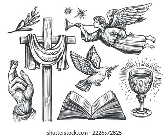 Christian wooden cross, Blessing hand, Flying dove with olive branch, Angel, Open bible, Holy Grail. Religion symbols