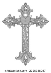 Christian wooden cross with heart and floral ornamental. Easter, symbol of Christianity,. hand drawing vintage engraving style illustration