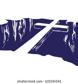 Christian wooden cross  lying over the chasm, bridge uniting us with God. Easter . symbol of Christianity hand drawn vector illustration sketch