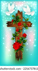 Christian wooden cross with a  white doves and red roses. vector illustration