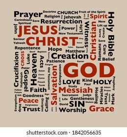 Christian Word Collage with brown background in cloud of faith in Jesus Christ and eternal salvation concepts