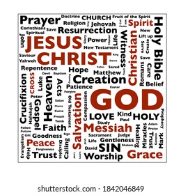 Christian Word Collage in cloud of faith in Jesus Christ and eternal salvation concepts.