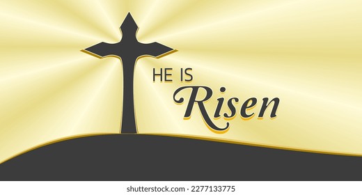 Christian words and text, He is risen. Easter celebration with cross religion sign golden vector banner.