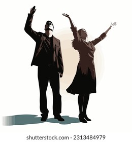 Christian worship couple silhouette lifting hands sing vector illustration