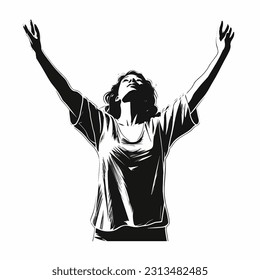 Christian worship woman lifting hands silhouette doodl vector illustration
