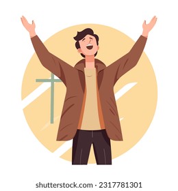 Christian worship young man silhouette lifting hand vector illustration