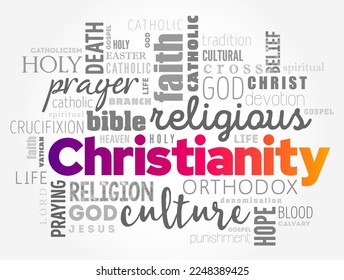 Das Christentum ist eine monotheistische abrahamische Religion, die auf dem Leben und den Lehren von Jesus von Nazareth, dem Hintergrund des Wortwolke-Konzepts, basiert