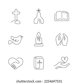Christianity artistic style continuous line icons. Editable stroke.