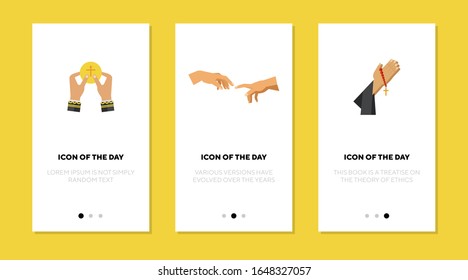 Christianity attributes flat icon set. God, priest, church isolated vector sign pack. Religion and tradition concept. Vector illustration symbol elements for web design and apps