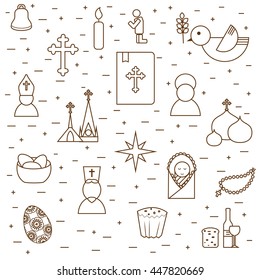 Christianity background from outline pictograms. Christianity symbols design in modern outline style. Can be used for religion purpose as site backdrop, cards cover etc.