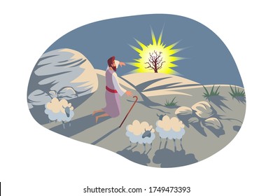 Christianity, Bible, religion concept. Old Testament biblical Genesis religious series illustration. Jewish shepherd Moses looks on burning bush in desert and God wills him bring jews to promised land