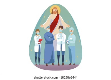 Christianity, bible, religion, protection, health, care, medicine concept. Jesus Christ son of God Messiah protecting men women doctors nurse with face masks standing together. Divine support and care