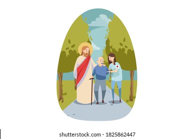 Christianity, bible, religion, protection, health, care, disability, medicine concept. Jesus Christ son of God Messiah protecting old disabled handicapped man walking with woman nurse. Divine support.