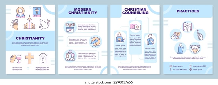 Christianity blue brochure template. Culture of faith. Leaflet design with linear icons. Editable 4 vector layouts for presentation, annual reports. Arial-Black, Myriad Pro-Regular fonts used