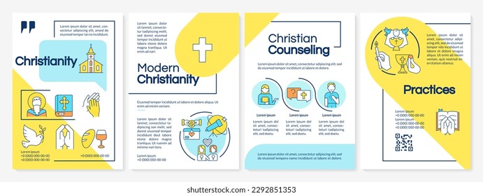 Christianity blue and yellow brochure template. Religious lifestyle. Leaflet design with linear icons. Editable 4 vector layouts for presentation, annual reports. Questrial, Lato-Regular fonts used