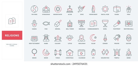 Christianity and Buddhism, Islam and Judaism religion line icons set. Religious prayer and temple, holy book and Islamic calendar, praying hands thin black and red outline symbols vector illustration