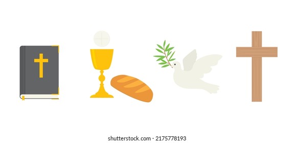 christianity, catholic church icon set; bible, holy communion, dove with olive brach and cross - vector illustration