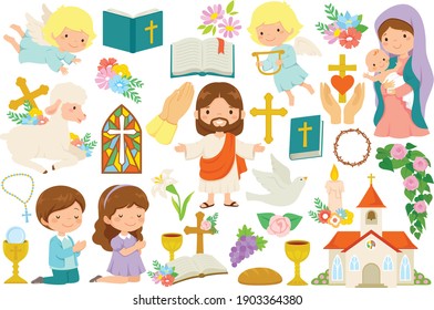 Christianity clipart bundle  Various religious symbols   cartoon characters Jesus  Mary  cute angels   praying kids 