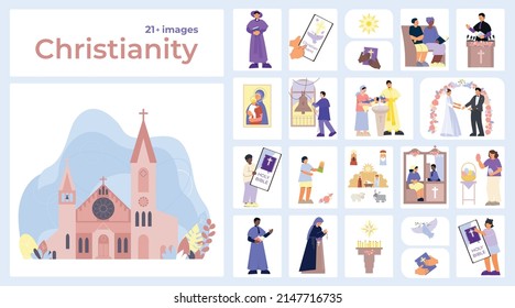 Christianity compositions set with flat isolated temple building images characters of priests obedients and church visitors vector illustration