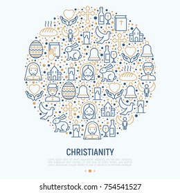Christianity concept in circle with thin line icons of priest, church, nun, crucifixion, Jesus, bible, dove. Vector illustration for banner, web page, print media.
