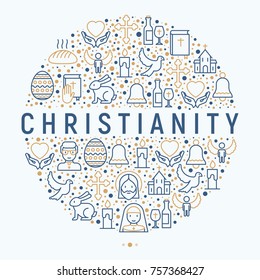 Christianity concept in circle with thin line icons of priest, church, nun, crucifixion, Jesus, bible, dove. Vector illustration for banner, web page, print media.