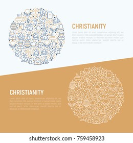 Christianity concept in circle with thin line icons of priest, church, nun, crucifixion, Jesus, bible, dove. Vector illustration for banner, web page, print media.