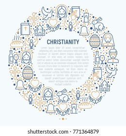 Christianity concept in circle with thin line icons of priest, church, nun, crucifixion, Jesus, bible, dove. Vector illustration for banner, web page, print media.