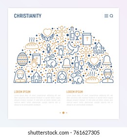 Christianity concept in half circle with thin line icons of priest, church, nun, crucifixion, Jesus, bible, dove. Vector illustration for banner, web page, print media.