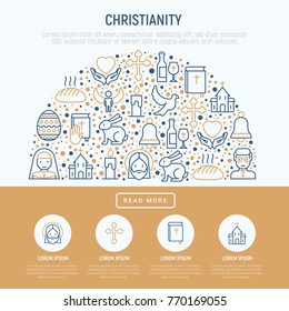 Christianity concept in half circle with thin line icons of priest, church, nun, crucifixion, Jesus, bible, dove. Vector illustration for banner, web page, print media.