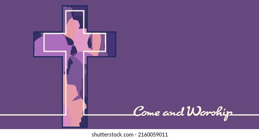 Christianity concept illustration. Cross with human head silhouettes and Come and Worship text